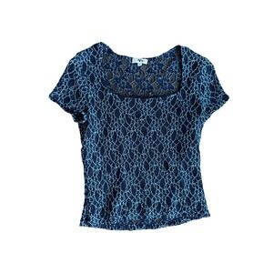 Heart & Soul Navy Floral Lace Top Women's Large Y2K Whimsigoth Fairy Grunge